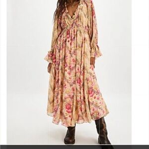 Free People Floral Long Sleeve Dress in Pink and Cream